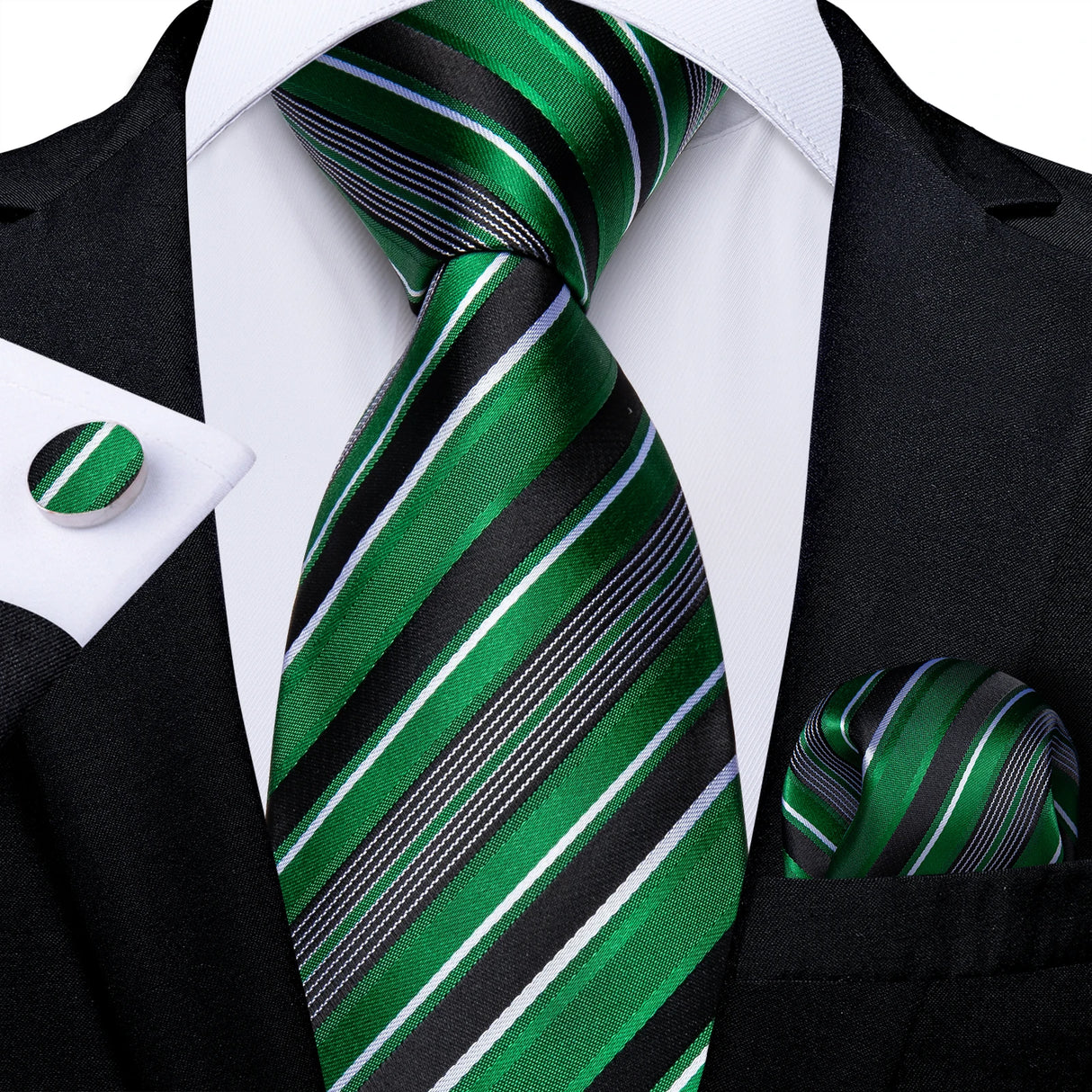 Green Fashion Striped Silk Tie Set Handkerchief Cufflinks