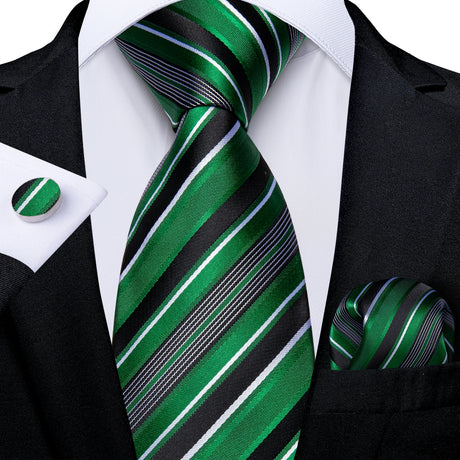 Green Fashion Striped Silk Tie Set Handkerchief Cufflinks