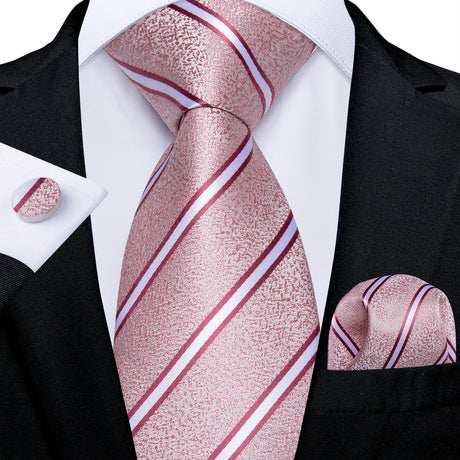Pink Fashion Striped Silk Tie Set Handkerchief Cufflinks