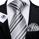 Gray Fashion Striped Silk Tie Set Handkerchief Cufflinks