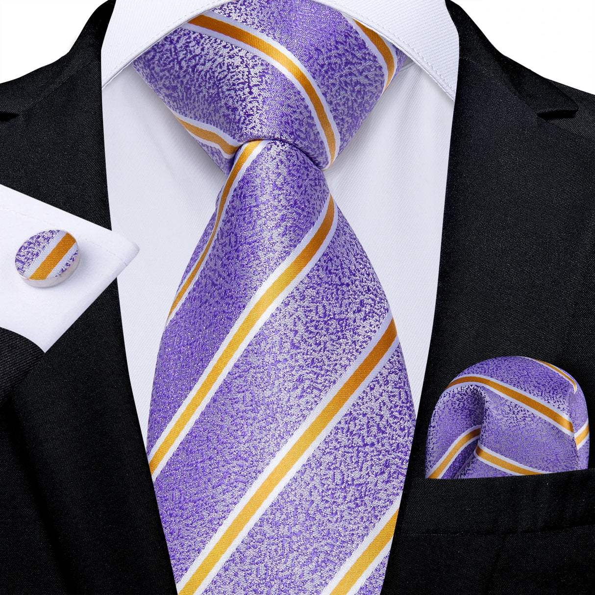 Purple Fashion Striped Silk Tie Set Handkerchief Cufflinks