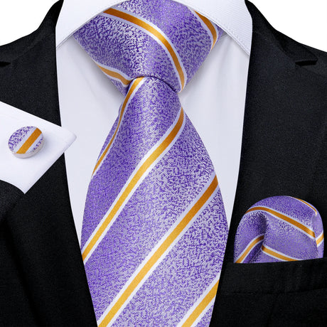 Purple Fashion Striped Silk Tie Set Handkerchief Cufflinks