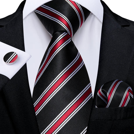 Black Fashion Striped Silk Tie Set Handkerchief Cufflinks