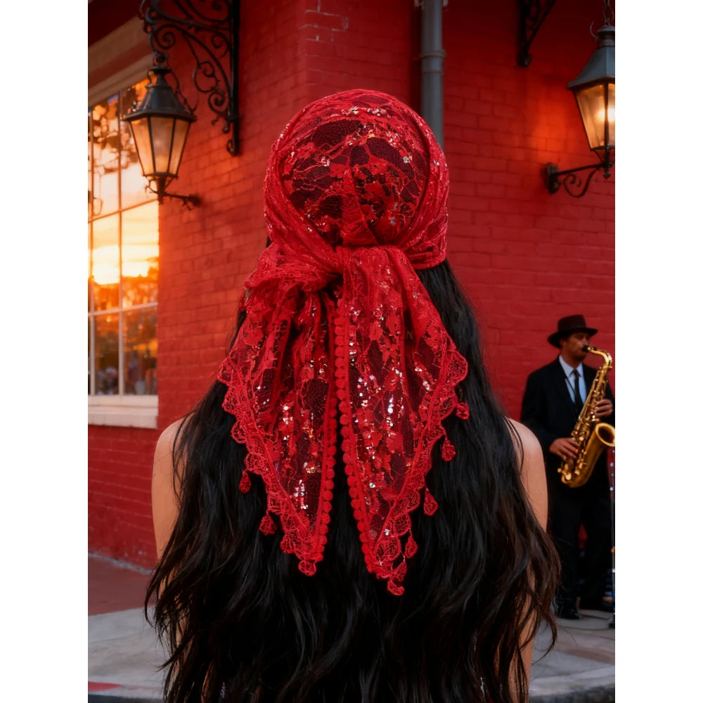 Model Using Fashionable Embroidered Polyester Square Scarf