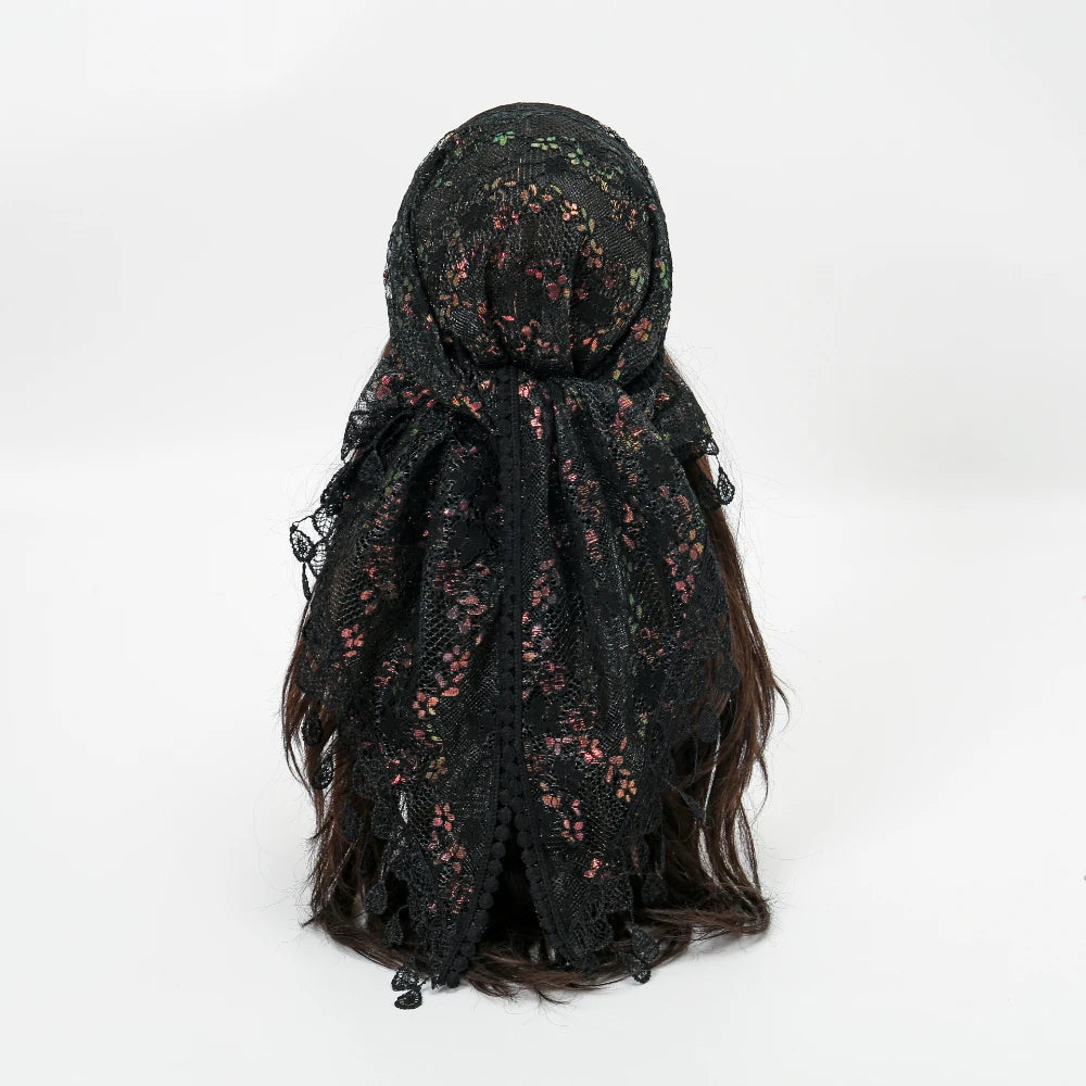 Black Fashionable Embroidered Polyester Square Scarf