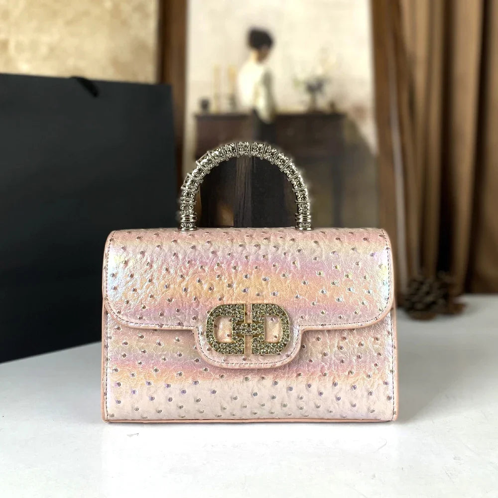 Pink Fashionable Ostrich Pattern Diamond Handbag