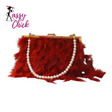 red feather handbag with sassy chick logo