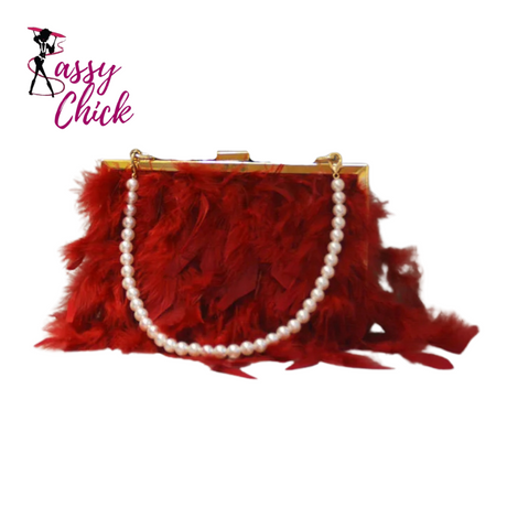 red feather handbag with sassy chick logo