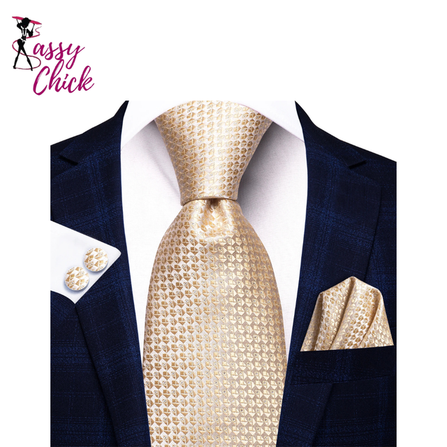 Floral Champagne Ivory Elegant Necktie Handkerchief Cufflinks Sassy Chick Logo