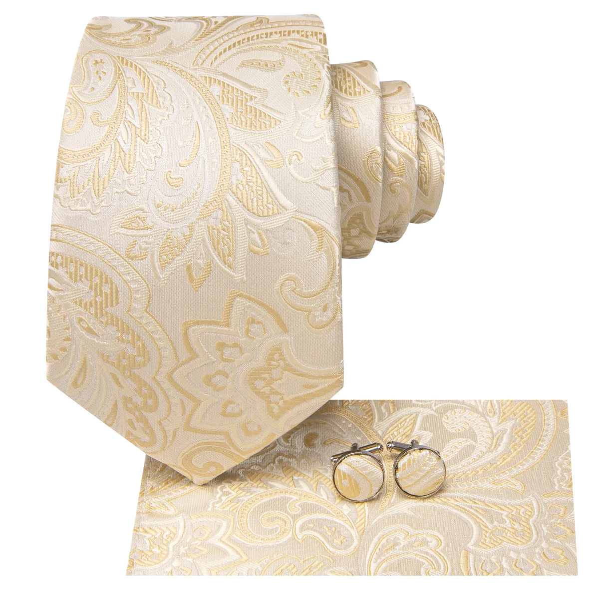 Floral Champagne Ivory Elegant Necktie Handkerchief Cufflinks