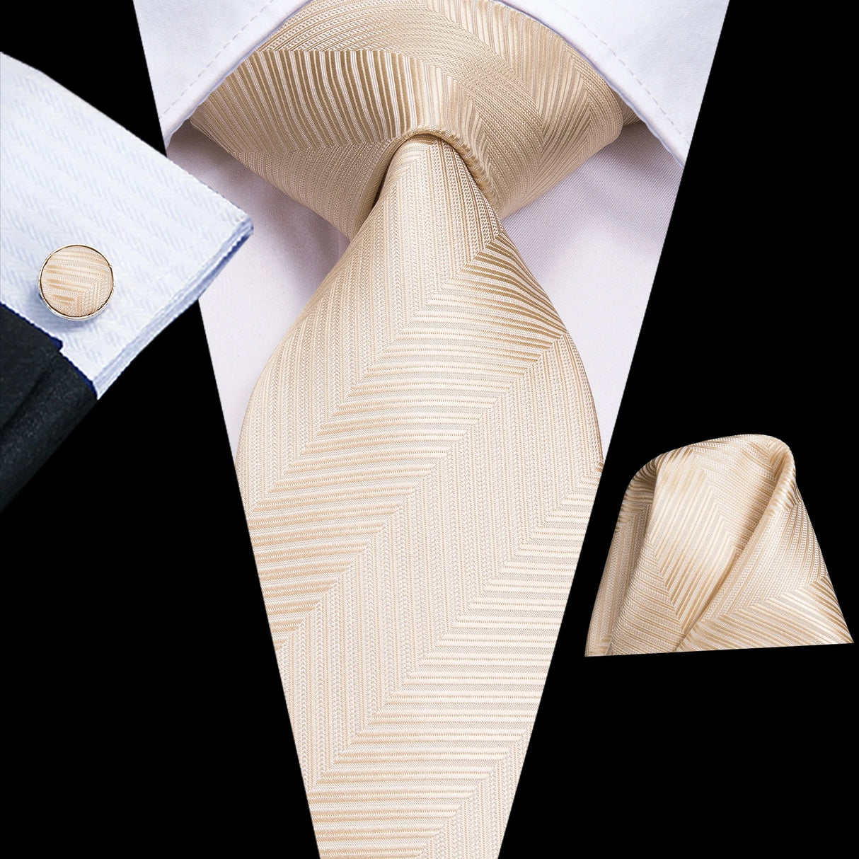 Floral Champagne Ivory Elegant Necktie Handkerchief Cufflinks
