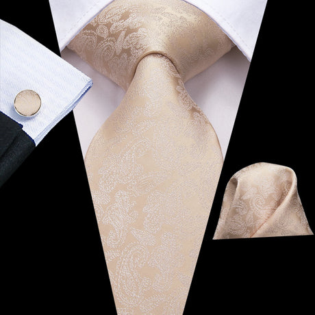 Floral Champagne Ivory Elegant Necktie Handkerchief Cufflinks