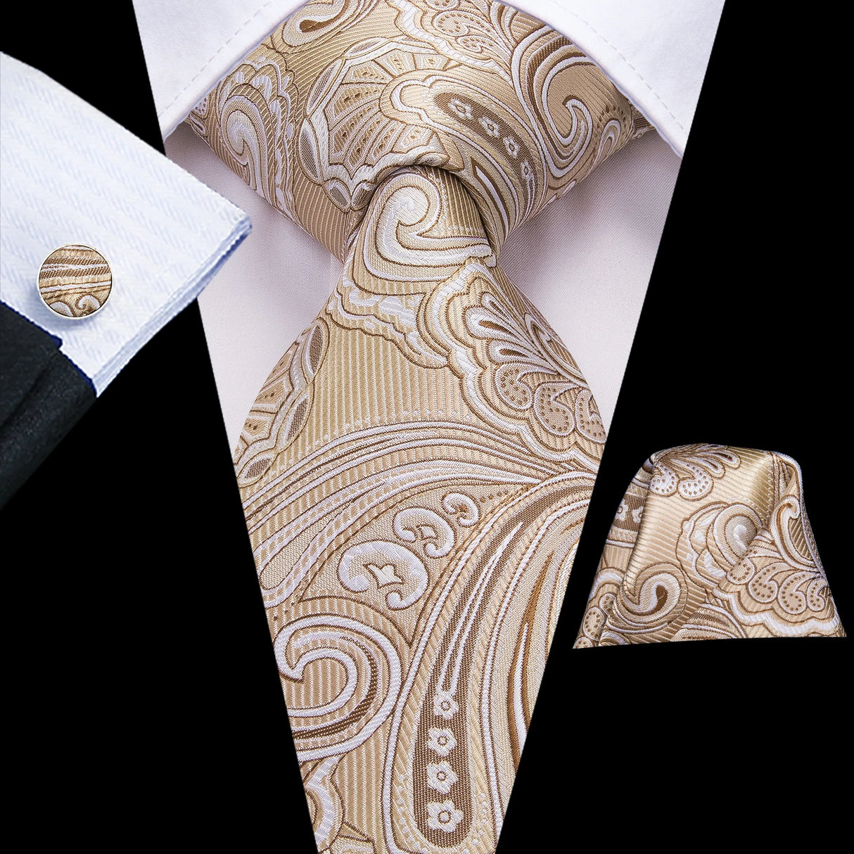 Floral Champagne Ivory Elegant Necktie Handkerchief Cufflinks