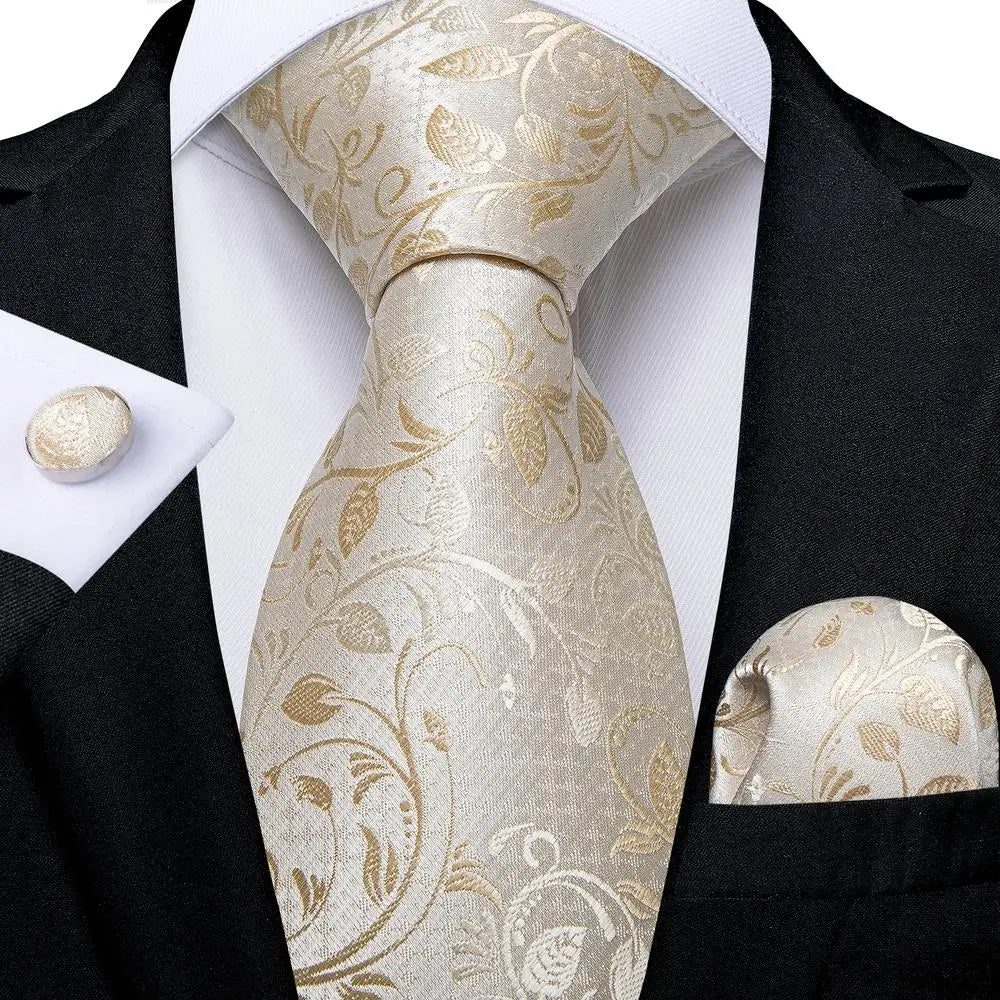 Floral Champagne Ivory Elegant Necktie Handkerchief Cufflinks
