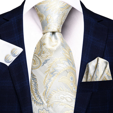 Floral Champagne Ivory Elegant Necktie Handkerchief Cufflinks
