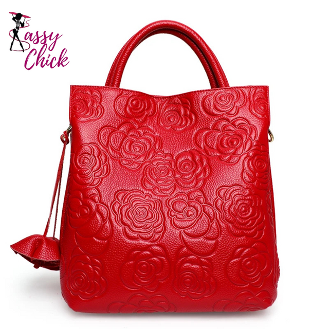Floral Design Leather Handbag Sassy Chick Logo