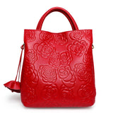 Red Floral Design Leather Handbag