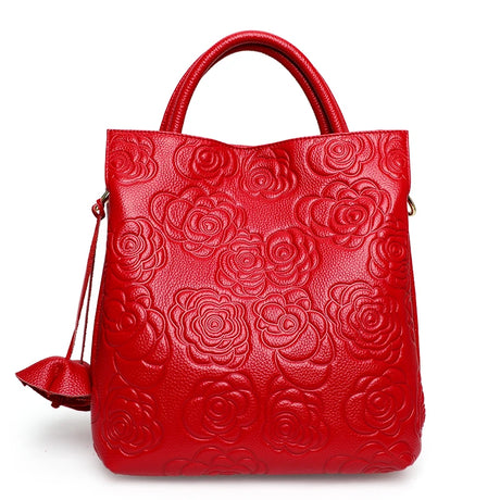 Red Floral Design Leather Handbag