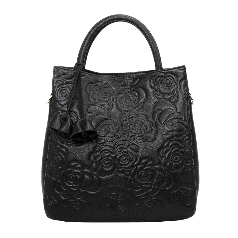 Black Floral Design Leather Handbag