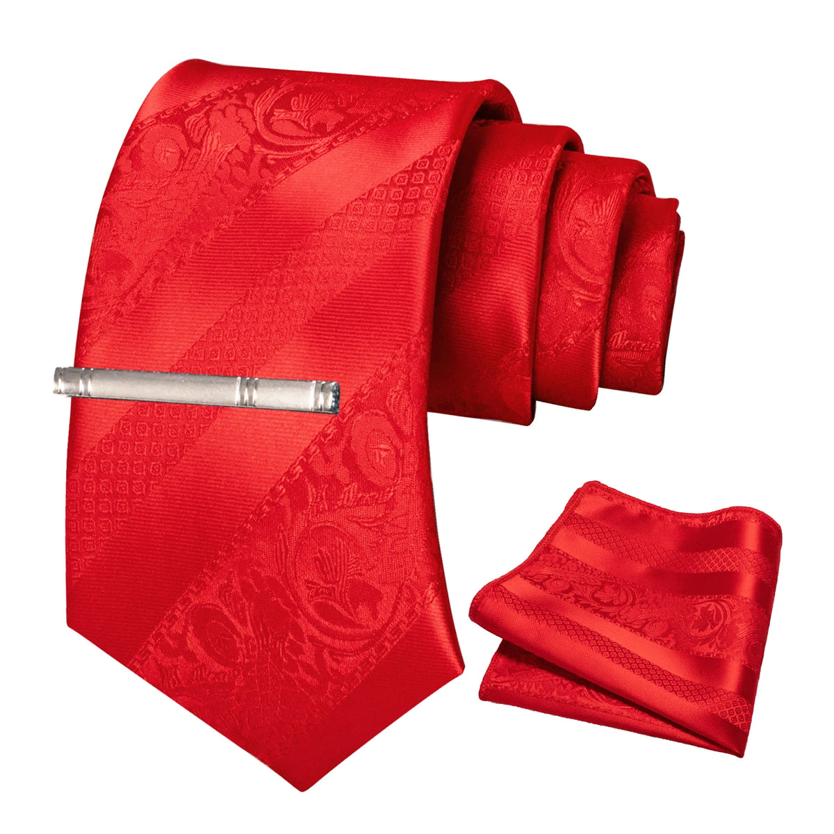 RED Floral Necktie 8cm Pocket Square Tie Clip Business Suits