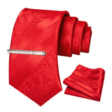 RED Floral Necktie 8cm Pocket Square Tie Clip Business Suits