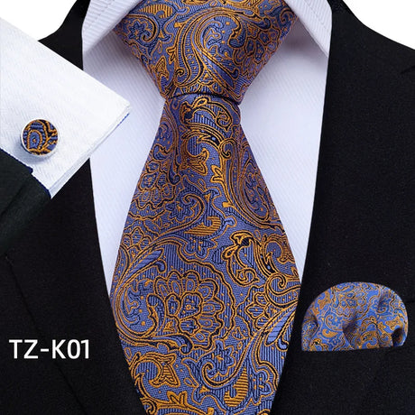 Gold Floral Paisley Pocket Square Cufflinks Set Necktie Set