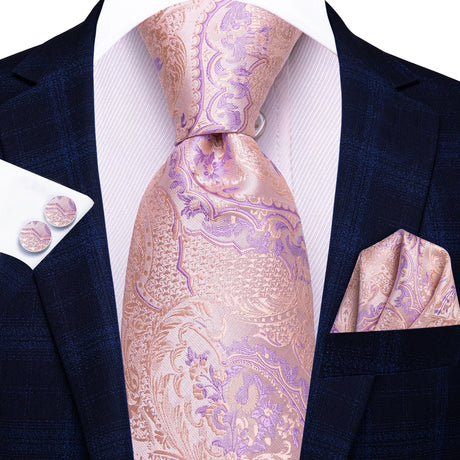 Floral Pink Elegant Handkerchief Cufflinks Necktie
