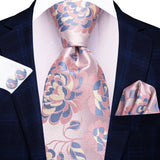 Floral Pink Elegant Handkerchief Cufflinks Necktie