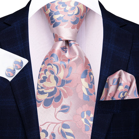 Floral Pink Elegant Handkerchief Cufflinks Necktie