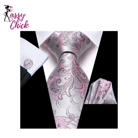 Floral Pink Silver Hanky Cufflink Silk Necktie Sassy Chick Logo