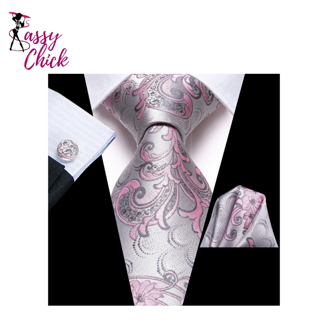 Floral Pink Silver Hanky Cufflink Silk Necktie Sassy Chick Logo