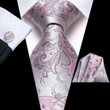 Floral Pink Silver Hanky Cufflink Silk Necktie