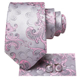 Floral Pink Silver Hanky Cufflink Silk Necktie