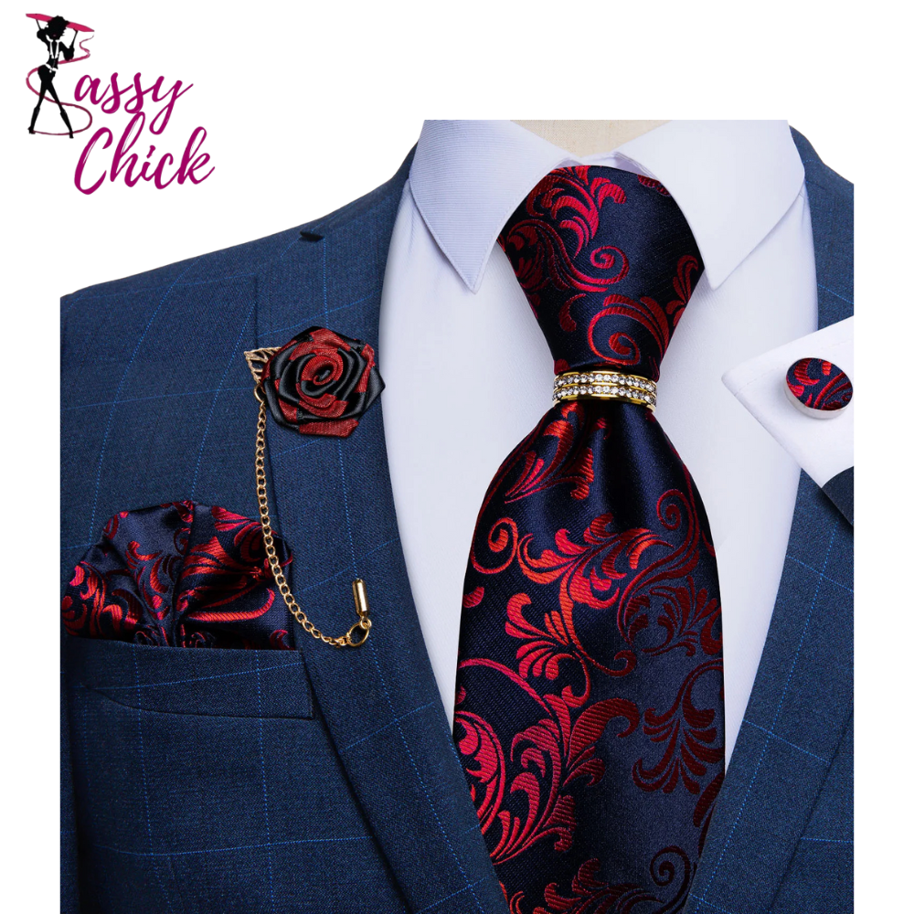 Floral Red 8cm Tie with Metal Ring Set Sassy Chick Logo