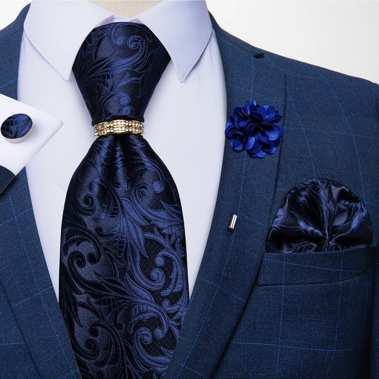 dark blue floral necktie set