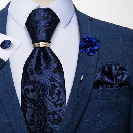 dark blue floral necktie set