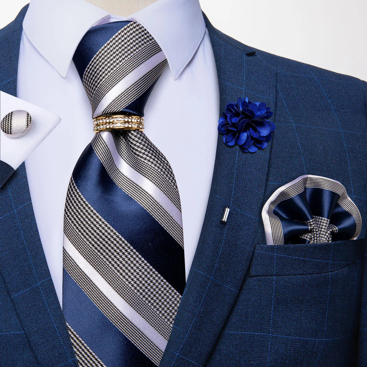 blue grey stripe design necktie set