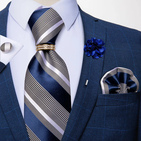 blue grey stripe design necktie set