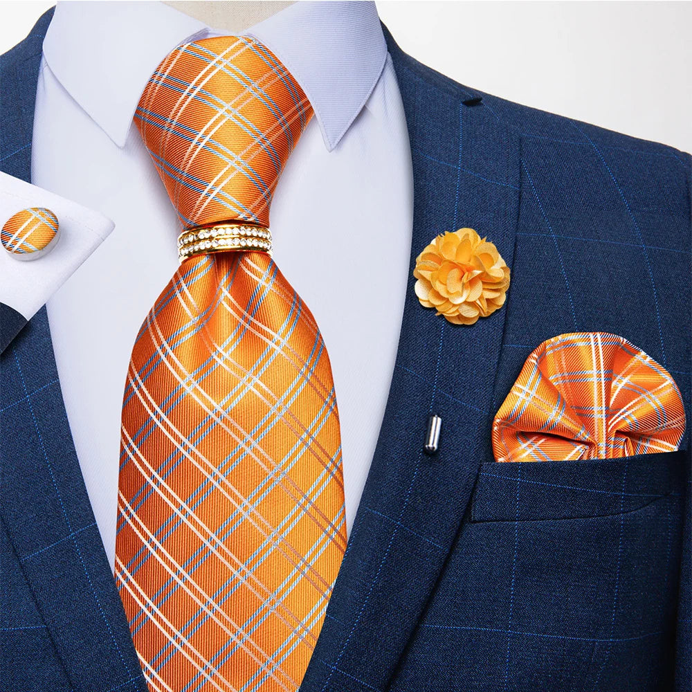 orange grey square design necktie set