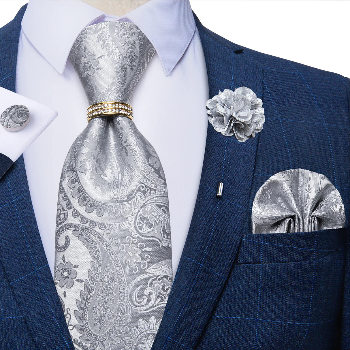 silver floral design necktie set