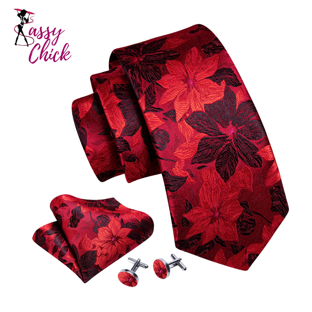 Floral Silk Tie Pocket Square Cufflinks Set Sassy Chick Logo