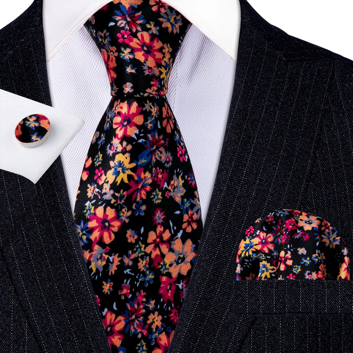 multi color Floral Silk Tie Pocket Square Cufflinks Set