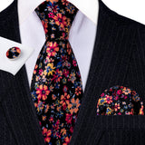 multi color Floral Silk Tie Pocket Square Cufflinks Set
