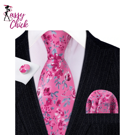 Floral Silk Tie Pocket Square Cufflinks Set Sassy Chick Logo