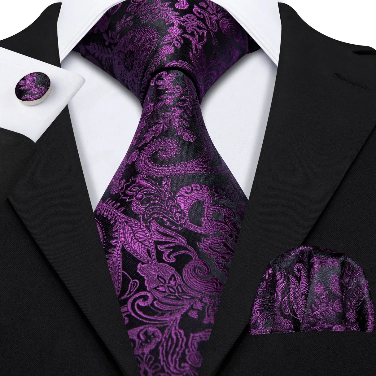 black purple floral pattern tie set