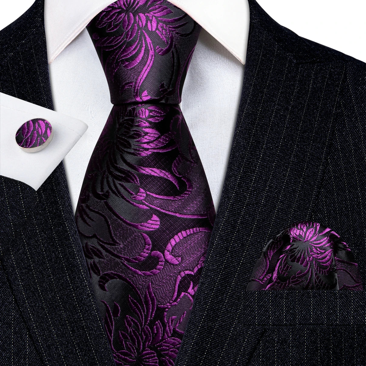 black purple floral pattern tie set