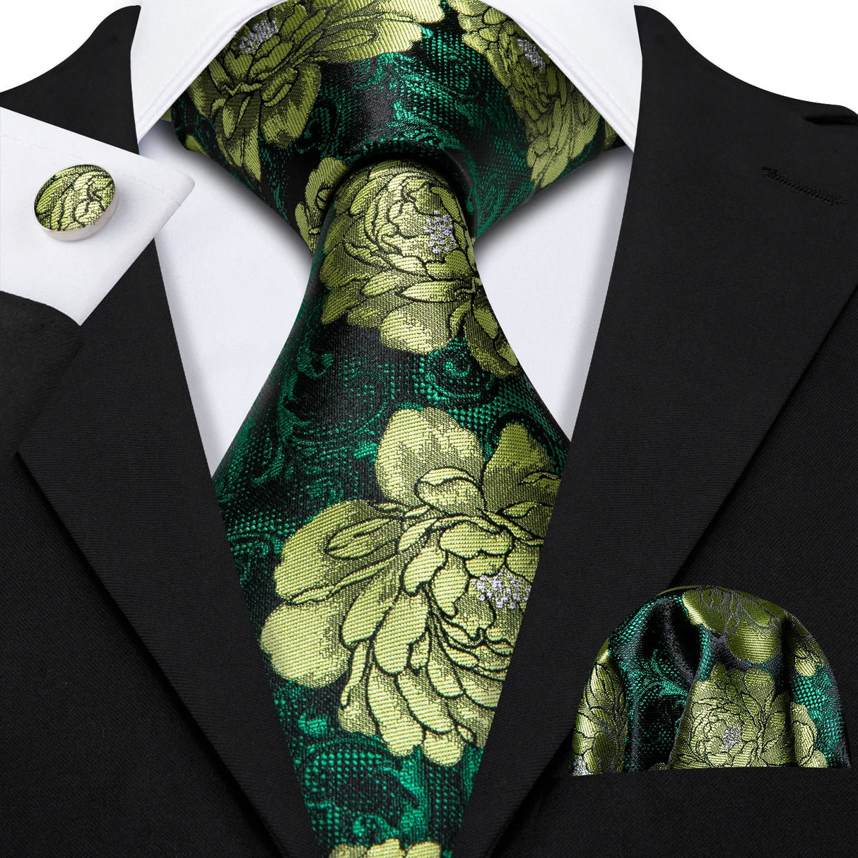green gold floral pattern tie set