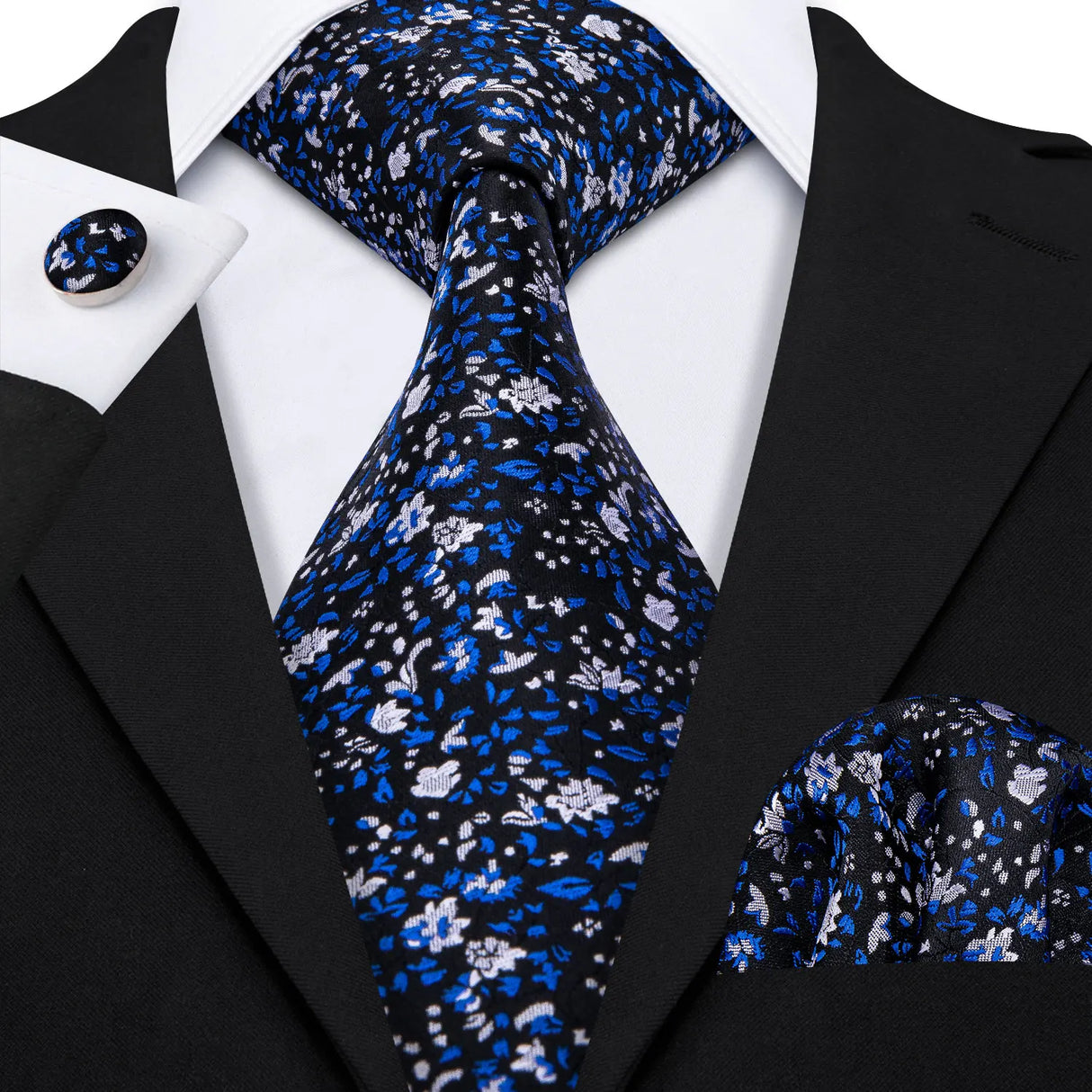 black blue floral pattern tie set