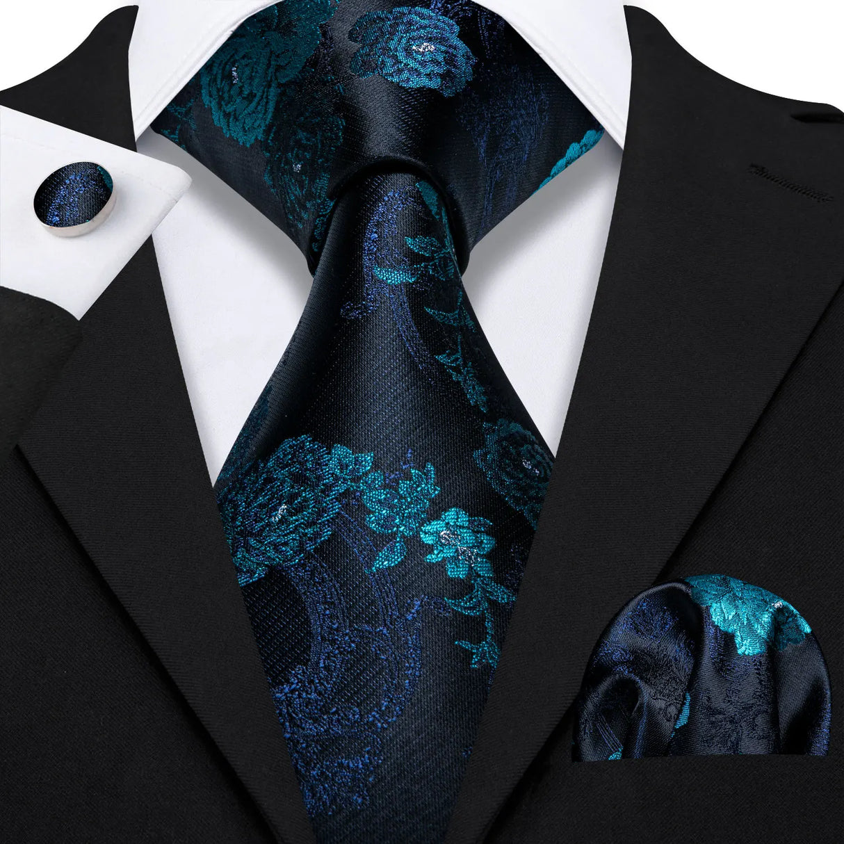 black blue floral pattern tie set