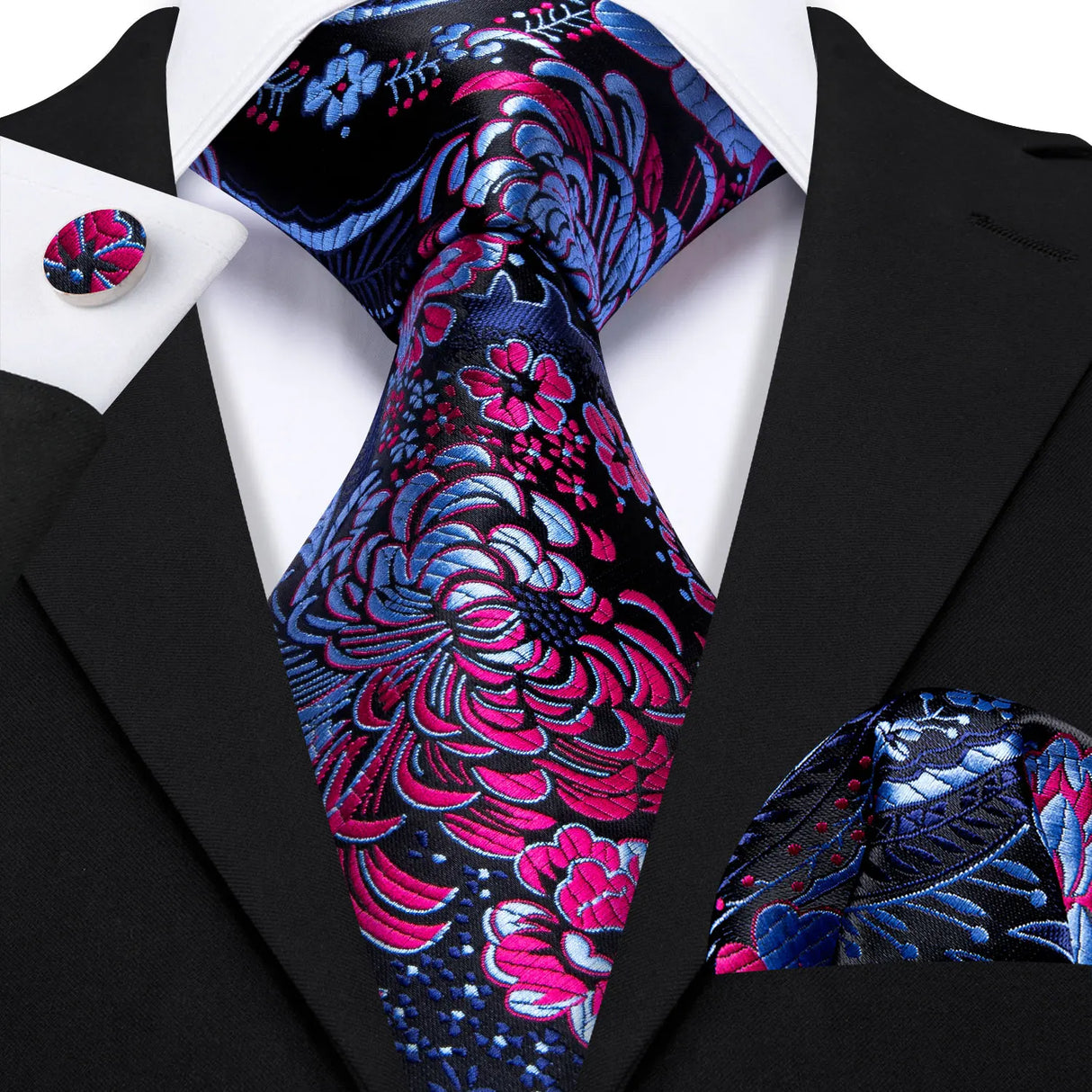 blue red black floral pattern tie set